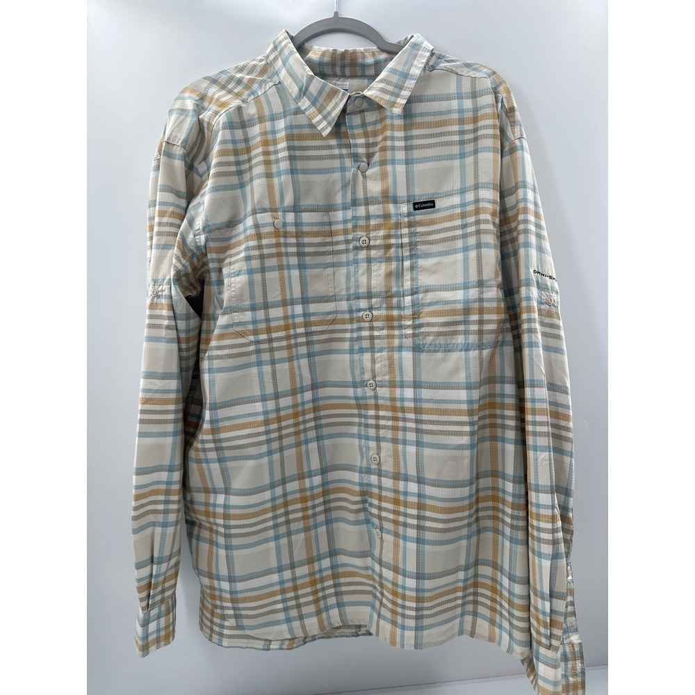 Columbia Mens XL Omni-Shade Plaid LS Ventilated Fishing Hiking Shirt Tan